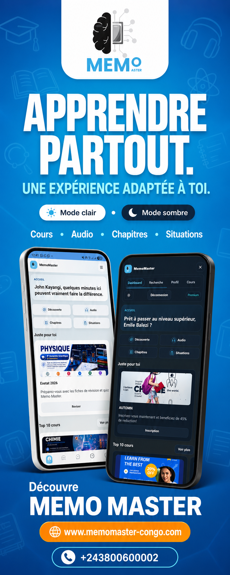 Aperçu de l’application Memo Master en modes clair et sombre